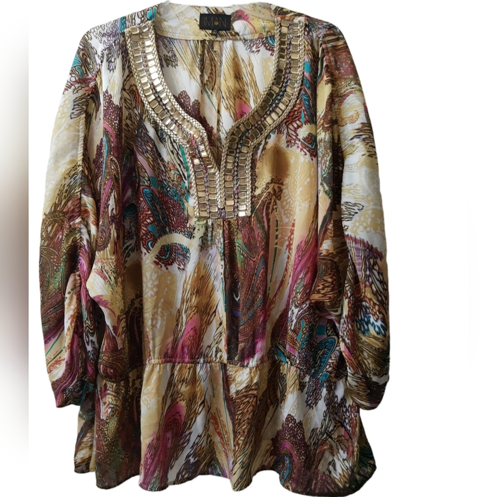 Iman Embellished Jeweled Boho Chic Balloon Sleeve Sheer Blouse Women’s Size 2X